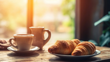 Breakfast with coffee and croissants in a basket on wooden table.の素材