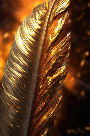 feather of a bird on a background of fire close-upの素材