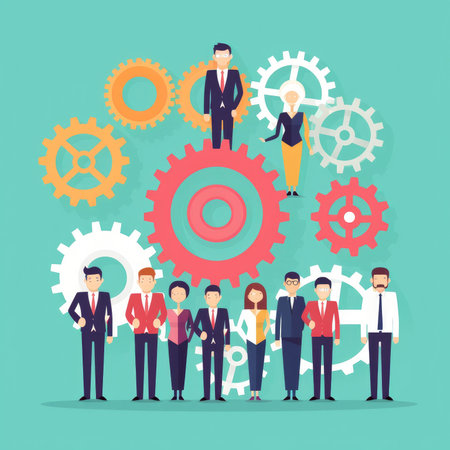 Teamwork concept. Business people and gears. Vector illustration in flat styleの素材