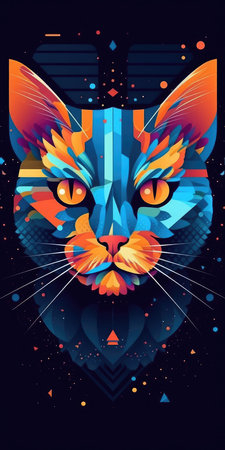 Abstract colorful cat face on dark background. Vector illustration for your designの素材