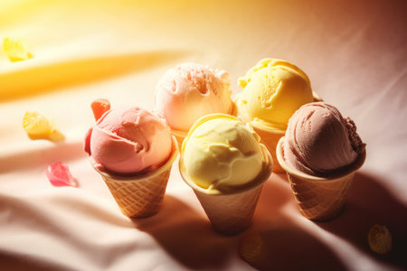 Colorful ice cream scoops in cone on white tablecloth.の素材
