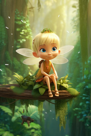 Little fairy sitting on a log in the forest. 3D rendering.の素材
