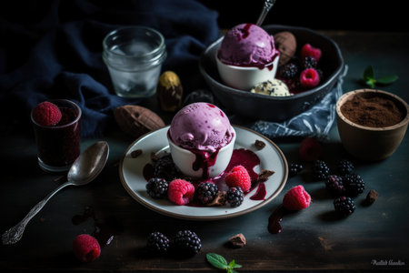 Homemade ice cream with raspberries, blackberries and chocolateの素材