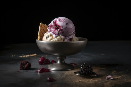Raspberry ice cream with fresh berries in a bowl on dark backgroundの素材