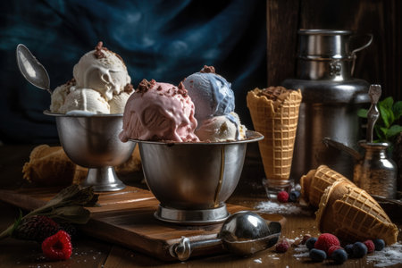 Ice cream in a bowl on a wooden table. Selective focus.の素材