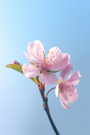 cherry blossom on blue sky background, closeup of photoの素材