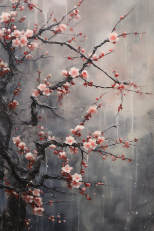 Painting of peach blossoms in the rain on a rainy dayの素材