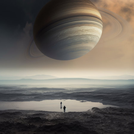 Man looking at the planets of the solar system. 3D renderingの素材