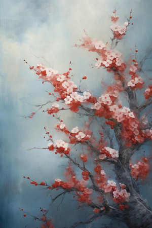 Painting of cherry blossom tree with pink flowers on blue backgroundの素材