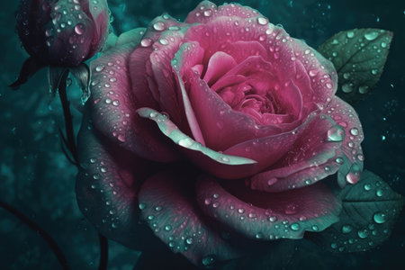 Beautiful pink rose with drops of dew on a dark backgroundの素材