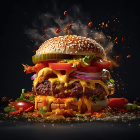 Big tasty cheeseburger with flying ingredients on a black background.の素材