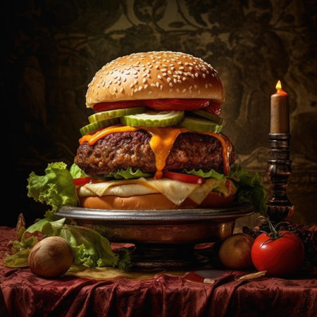 Big tasty hamburger with beef, cheese and vegetables on a dark backgroundの素材