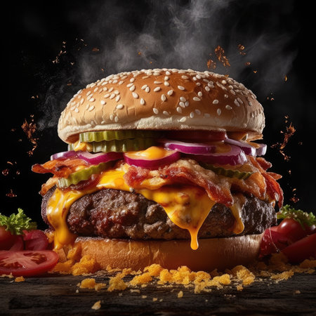 Delicious cheeseburger with flying ingredients on wooden table, closeupの素材