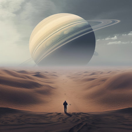 Man standing in the desert looking at the planet. 3d renderingの素材