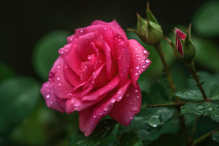Beautiful pink rose with dew drops on a dark background.の素材