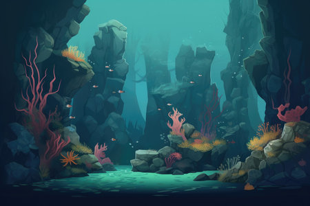 Underwater landscape with coral reef, seaweed and fish. Vector illustrationの素材