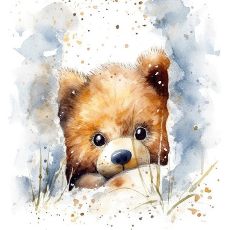 Hand drawn watercolor illustration of a cute teddy bear in the grass.の素材