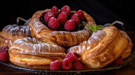 Fresh buns with raspberries and blueberries on a black backgroundの素材