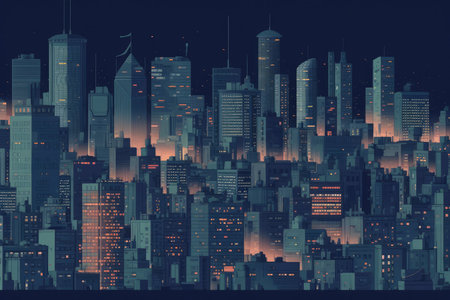 Night city panorama with skyscrapers and neon lights. Vector illustrationの素材