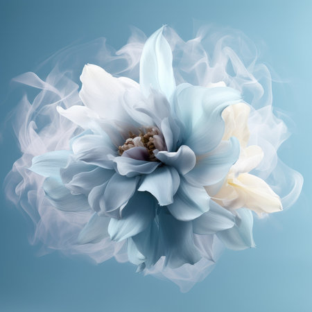 Beautiful blue and white peony flower with white petals on blue backgroundの素材