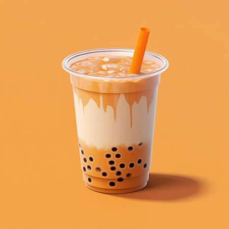 Iced Thai Milk Tea with Bubbles on Orange Background. 3d Renderingの素材