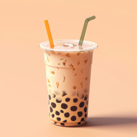 Iced Milk Tea with Bubbles in Plastic Cup. 3d Renderingの素材