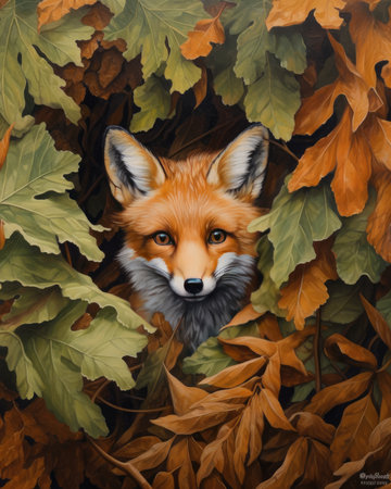 Digital painting of fox in autumn leaves. Illustration of fox in autumn leaves.の素材