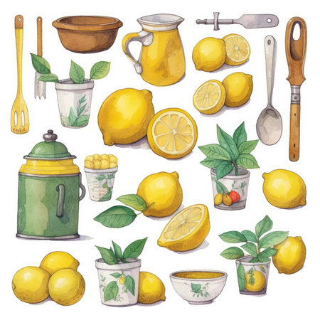 Watercolor set of lemons and other kitchen utensils.の素材