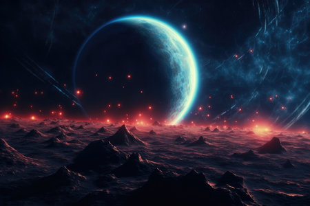 Fantasy alien planet. Mountain and full moon. 3D rendering