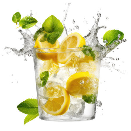 Mojito cocktail with lemon, mint and ice isolated on white backgroundの素材