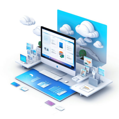 3d rendering of laptop and tablet pc with cloud computing on white backgroundの素材