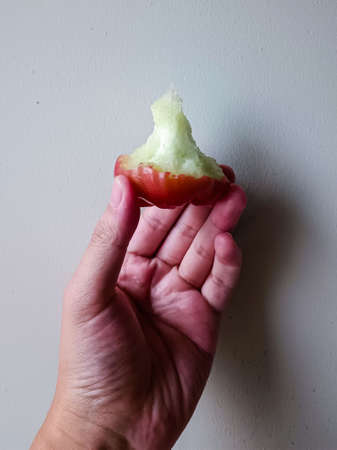 hand holding the edible rose apple fruit