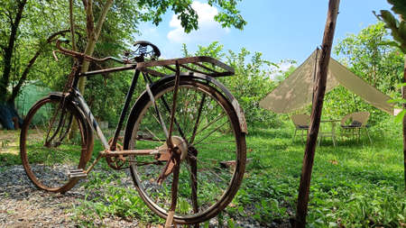 Old rusty bicycle scenery set on green leafy grass There is a tent for relaxation. in the daytime with a clear sky with few cloudsの写真素材