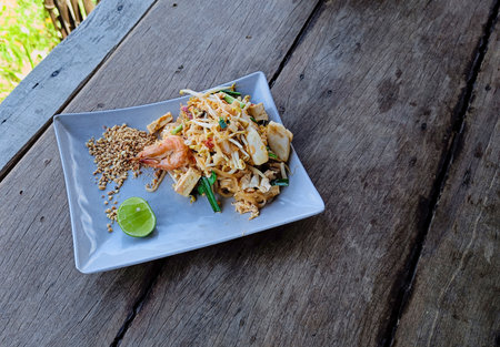 Thai Fried Noodles "Pad Thai" with shrimp and squid have vegetables thai foodの写真素材