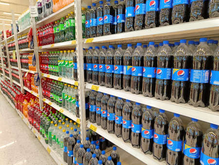 Nonthaburi, Thailand - May 10, 2022: Soft drinks, Pepsi, Fanta Sprite, sale in supermarketsのeditorial素材