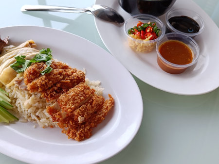 steamed rice topped with boiled chicken Mixed with Fried Chicken, side view. The most popular street food in Thailand is called Khao Mun Gai.の写真素材