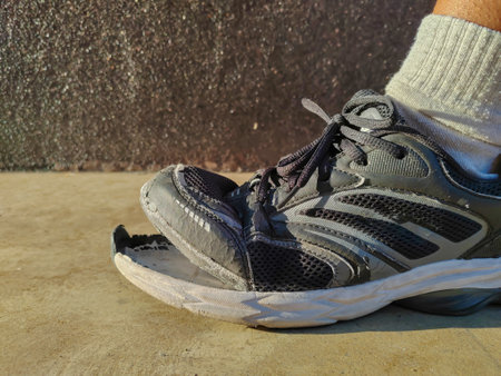 side view of torn shoes, shoes in need of repairの写真素材