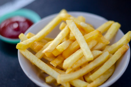 Closeup view of french fries crispy fries, made from potatoesの写真素材