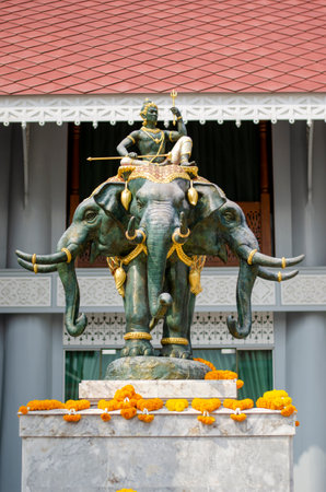 Bangkok, Thailand - April 22, 2023: Statue of Indra on the Erawan elephant at Thewarat Kunchorn Worawihan Templeのeditorial素材