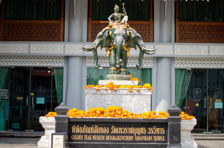 Bangkok, Thailand - April 22, 2023: Statue of Indra on the Erawan elephant at Thewarat Kunchorn Worawihan Templeのeditorial素材