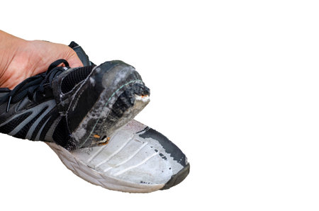 hand picks up the torn old black shoes isolated on white background with clipping pathの写真素材