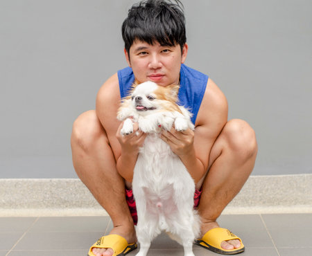 Asian man sitting and smiling holding a chihuahua in a standing positionの写真素材