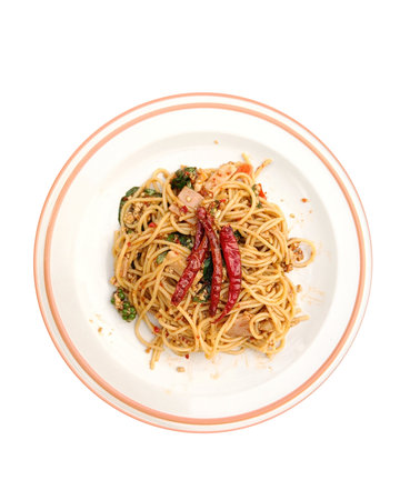 Spicy spaghetti pork. Drunken Spaghetti Thai call isolated on white background with clipping pathの写真素材