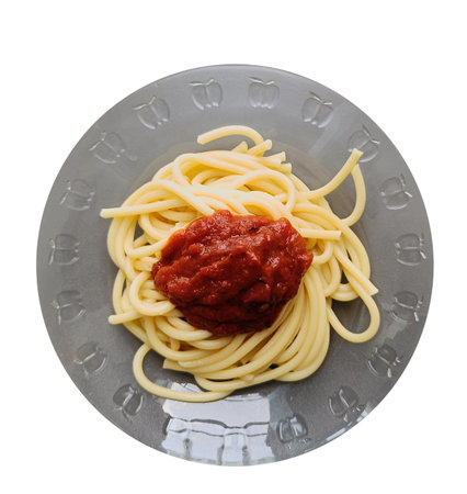 Spaghetti noodles tomato sauce on plate, Top view, isolated on white background with clipping pathの写真素材