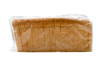 toast sliced of white bread in plastic bag isolated on white background with clipping path. side...