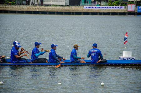Nonthaburi, Thailand - September 09, 2023: Pictures of the atmosphere finish line of the long boat race. Thai tradition. Nonthaburi Pier. Closeupのeditorial素材