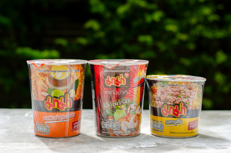 Nonthaburi, Thailand - September 15, 2023: Mama line Set is noodles cup with Tom Yum Shrimp and Minced Pork Flavor. Mama is a popular brand in Thailand.のeditorial素材