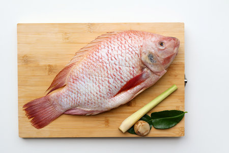 One fresh Red Tilapia fish and Galangal, lemongrass, kaffir lime leaves on a wooden board on a white background.の写真素材