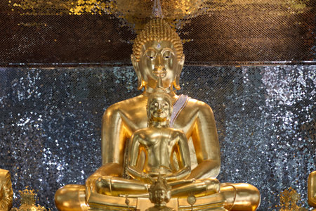 Closeup view of a golden Buddha at Wat phuttha prommayan, Chachoengsao Province Thailandの写真素材