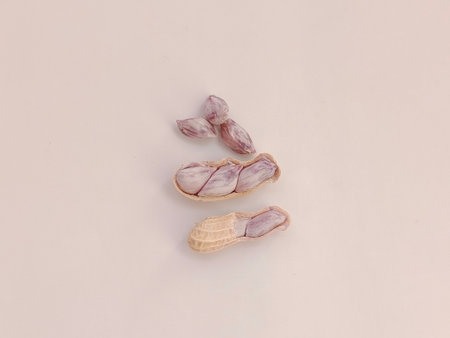 Top view of Boiled peanuts, both shelled and unshelled, on a white background.の写真素材